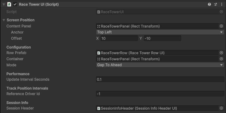 RaceTowerUI Inspector